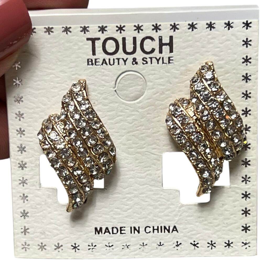 Vintage Rhinestone Clip On Earrings Gold Leaf Statement Costume Jewelry